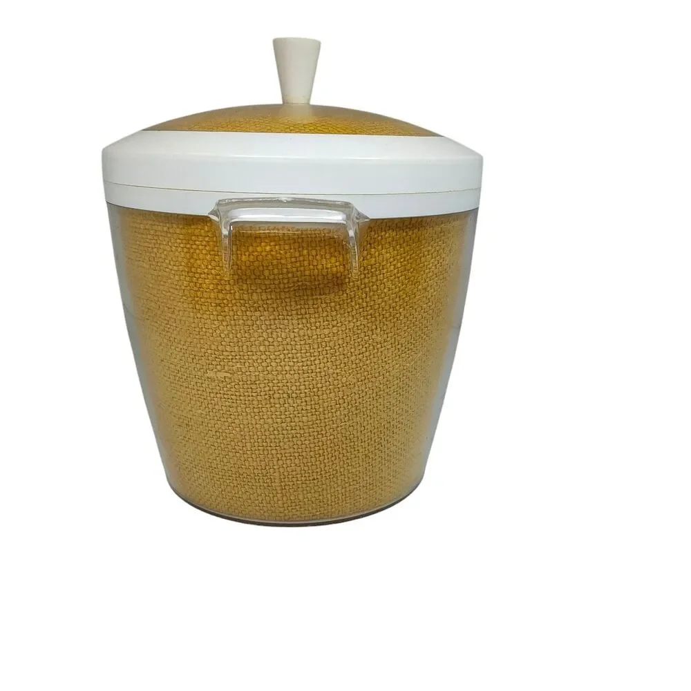 Vintage Mid Century Rafiaware Yellow Plastic Ice Bucket MCM 70's Burlap